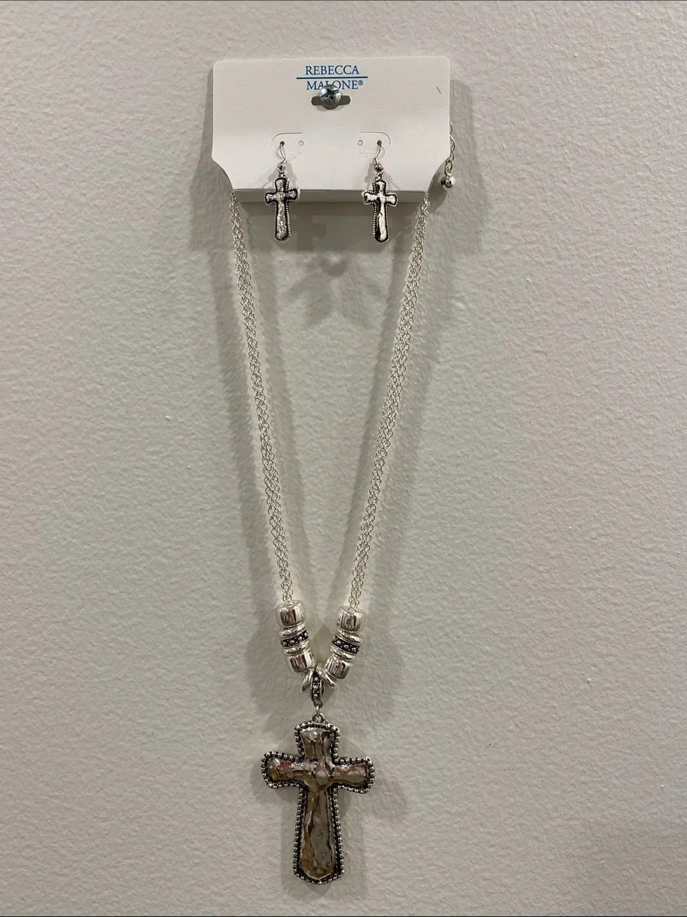 NEW Rebecca Malone Silver-Tone Cross Necklace with Matching Earrings